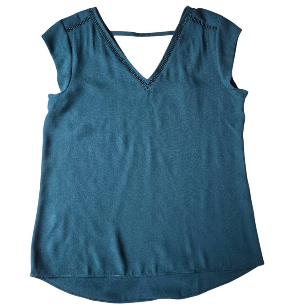Les Serein V-Neck Blouse Women Medium Teal Ladder Lace Professional Office Chic